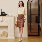 belle poque Midi Leather Skirt for Women High Waist Bodycon Pencil Skirts Work Outfits