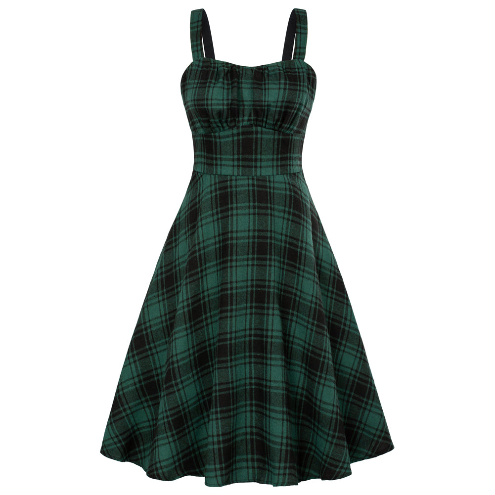 belle poque Vintage Two-Way Defined Waist Dress Ruched Bodice Flared Plaid A-Line Dress Dark Green
