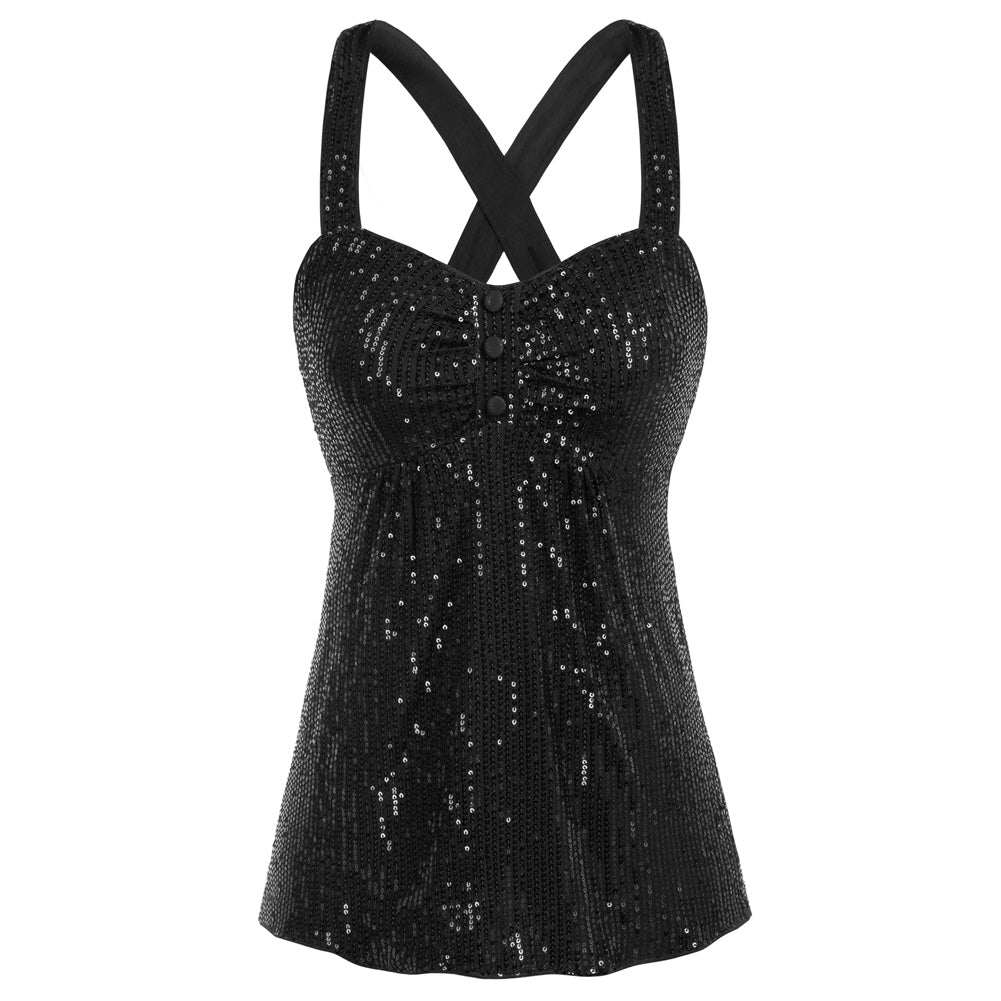 Sparkle Sequin Cami Tank Top Sleeveless Halter Flowy Party Top⏰Flash Sale