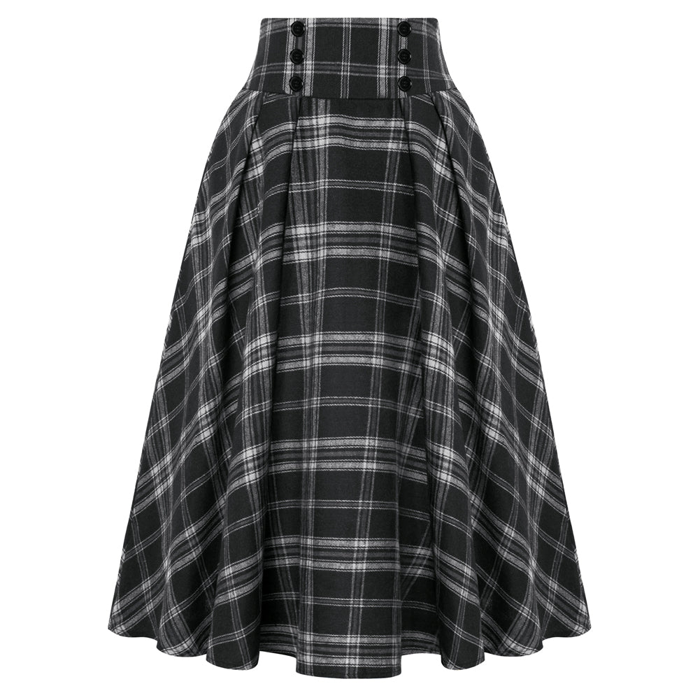 belle poque Plaid Skirts for Women High Waisted Midi Skirt A-line Pleated Fall Skirts 2025 Black