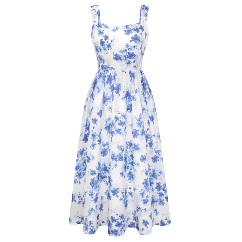 belle poque Women's Floral Midi Sundress with Pockets Spring Summer Dresses for Wedding Guest Blue