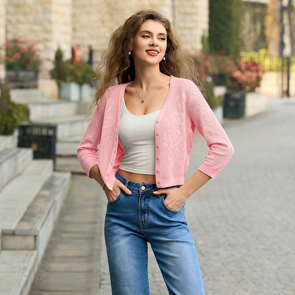 belle poque Women's Lace Cardigan Lightweight 3/4 Sleeve Button Down Cardigans