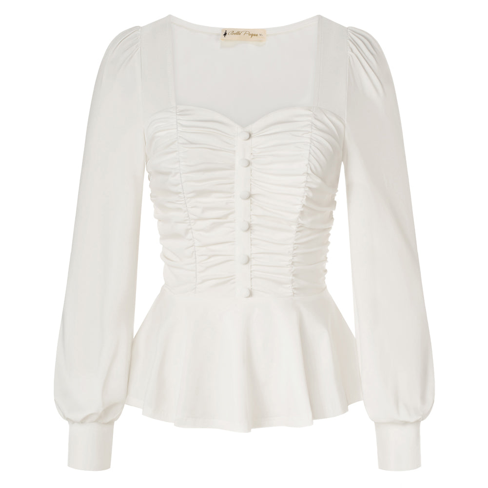 belle poque Women Vintage Ruched Tops Puffed Long Sleeve Peplum Hem Tops White