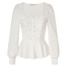 belle poque Women Vintage Ruched Tops Puffed Long Sleeve Peplum Hem Tops White