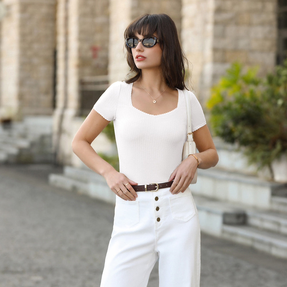 belle poque Women's Lace Trim Tops Slim Fit Ribbed Knit Basic Tee Tops