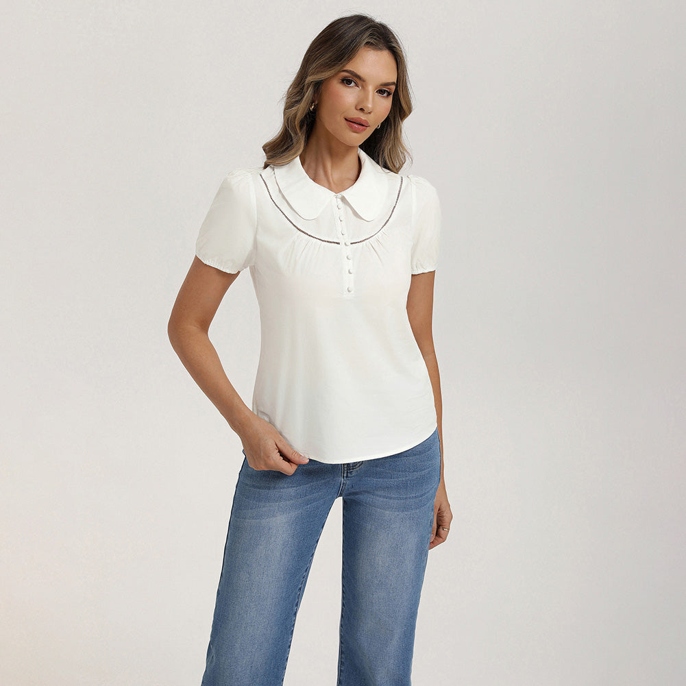 belle poque 2026 Puff Sleeve Cotton Blouses for Women Peter Pan Collar Dressy Work Shirts