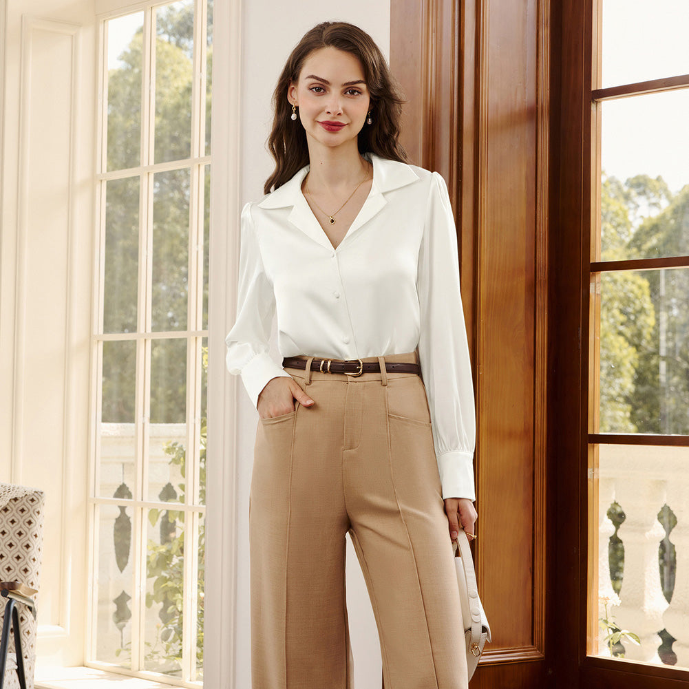 belle poque Women Vintage Shirt OL Long Sleeve Lapel Collar V-Neck Button-up Tops