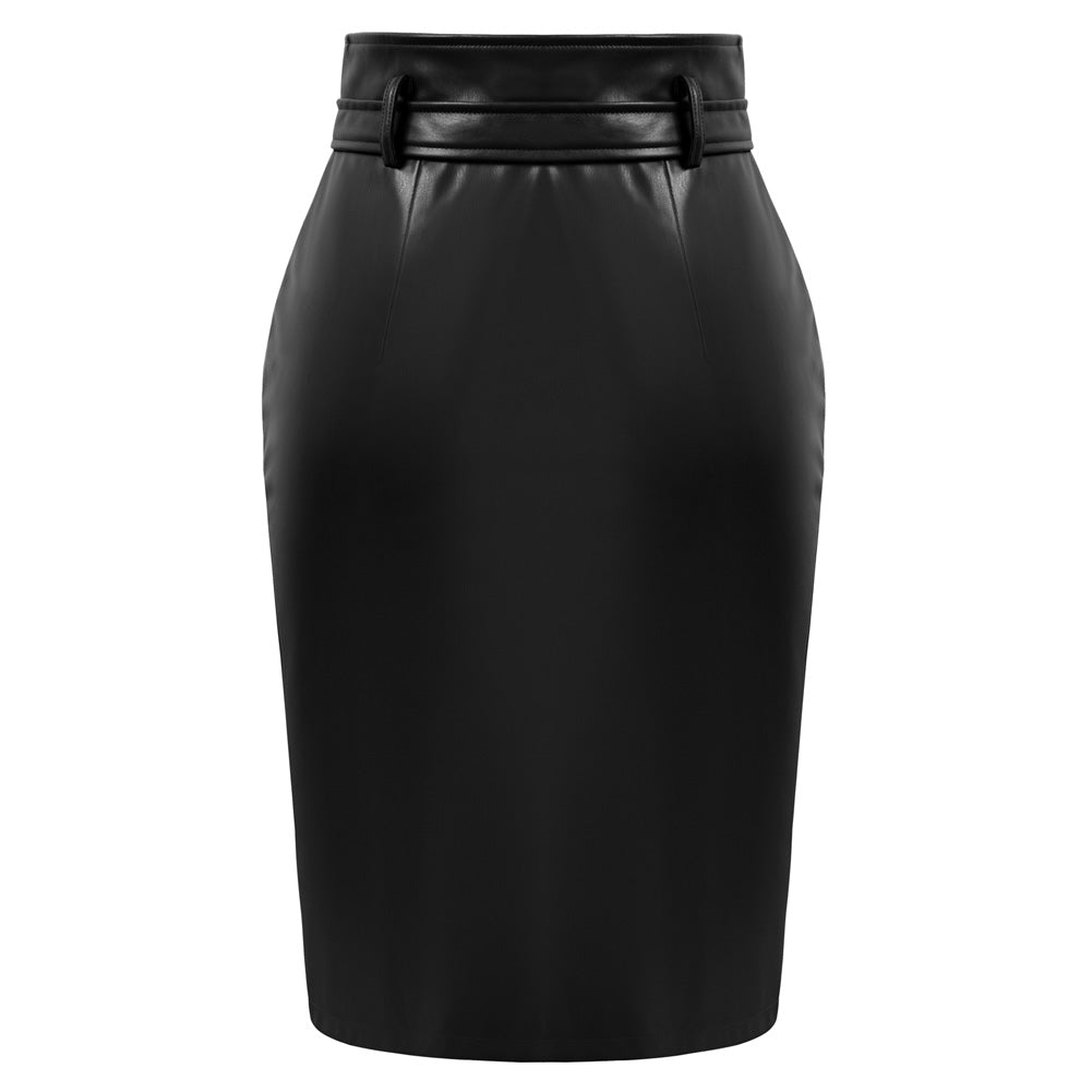 belle poque Vintage PU Leather Skirt with Belt High Waist Front Slit Bodycon Skirt=