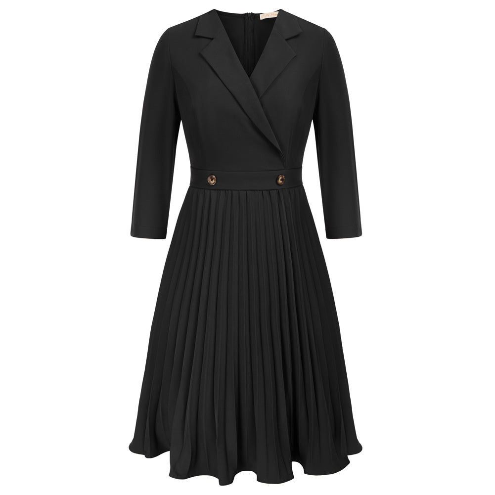 Pleated Dress 3/4 Sleeve Lapel Collar V-Neck Defined Waist A-Line Dress