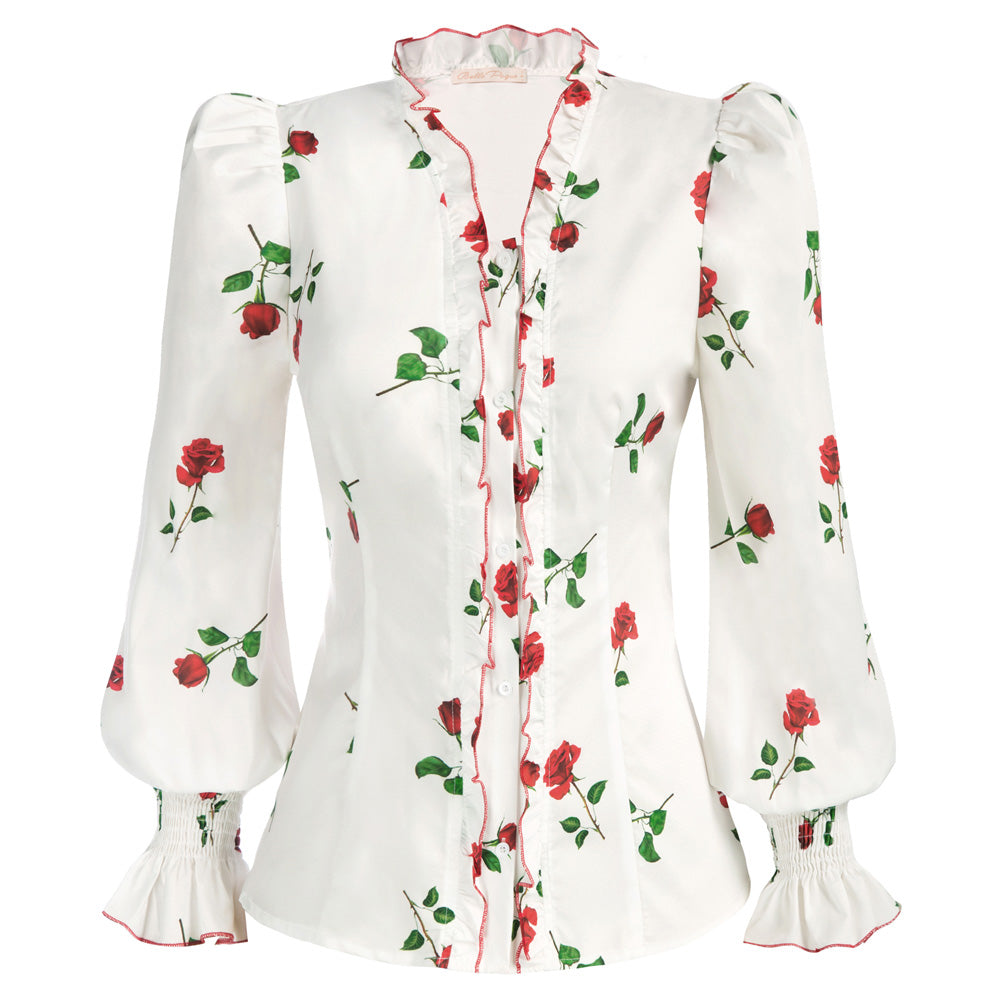 Slim Fit Shirt Long Sleeve Ruffles Decorated Button-up Blouse Tops