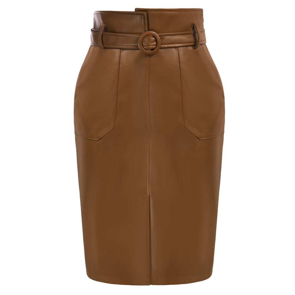 belle poque Vintage PU Leather Skirt with Belt High Waist Front Slit Bodycon Skirt= Brown