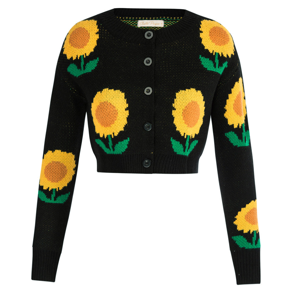 Sunflower Printed Cropped Cardigan Sweater Long Sleeve Crew Neck Button-up Knitwear