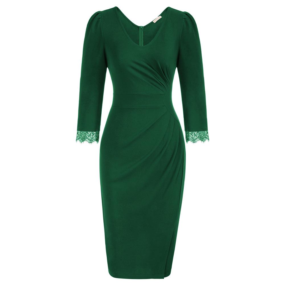 belle poque Fans Look of Retro V-Neck Lace Splicing Bodycon Dress 3/4 Puffed Sleeve Ruched Front Pencil Dress