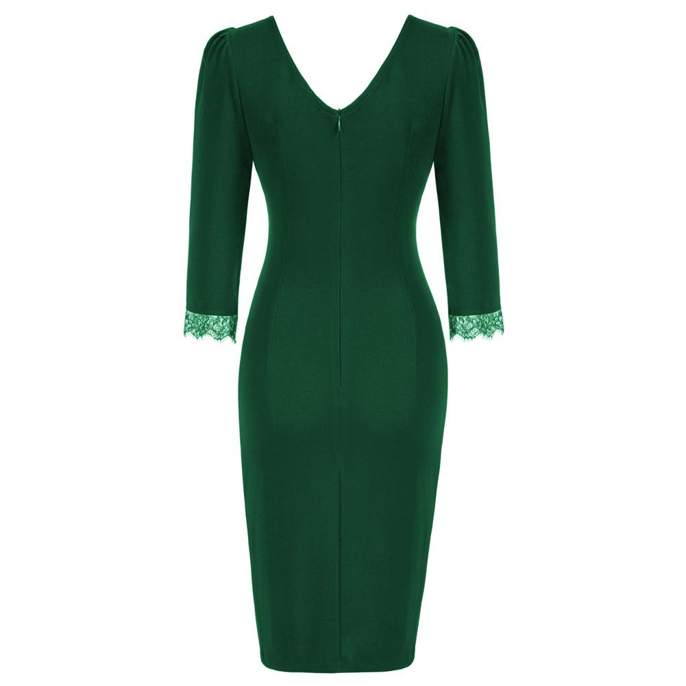 belle poque Fans Look of Retro V-Neck Lace Splicing Bodycon Dress 3/4 Puffed Sleeve Ruched Front Pencil Dress