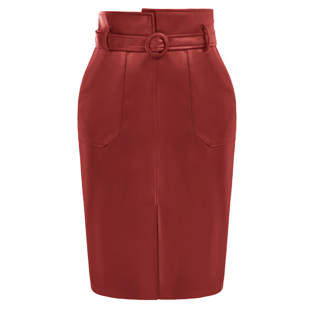 belle poque Vintage PU Leather Skirt with Belt High Waist Front Slit Bodycon Skirt= Wine Red S