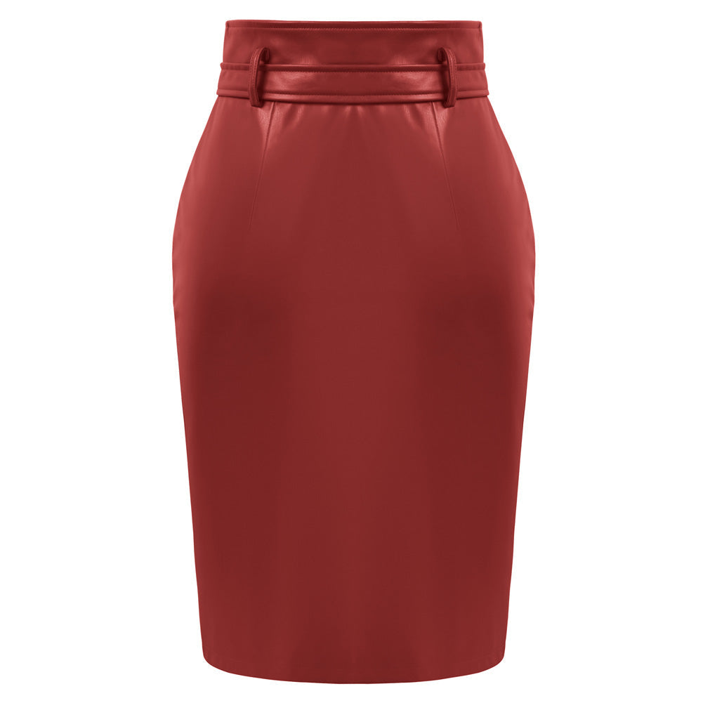 belle poque Vintage PU Leather Skirt with Belt High Waist Front Slit Bodycon Skirt=