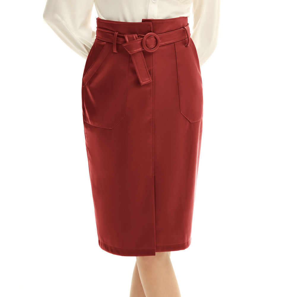 belle poque Vintage PU Leather Skirt with Belt High Waist Front Slit Bodycon Skirt=