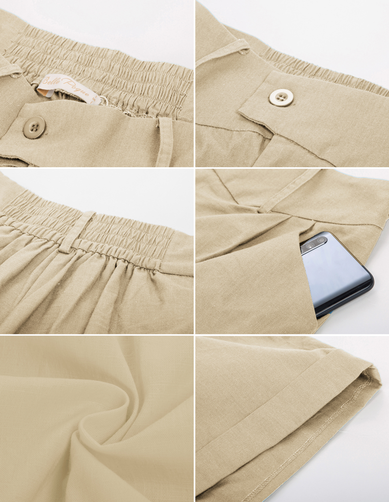 belle poque High Waist Fold-up Leg Opening Cotton Shorts with Pockets