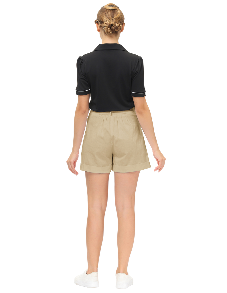 belle poque High Waist Fold-up Leg Opening Cotton Shorts with Pockets