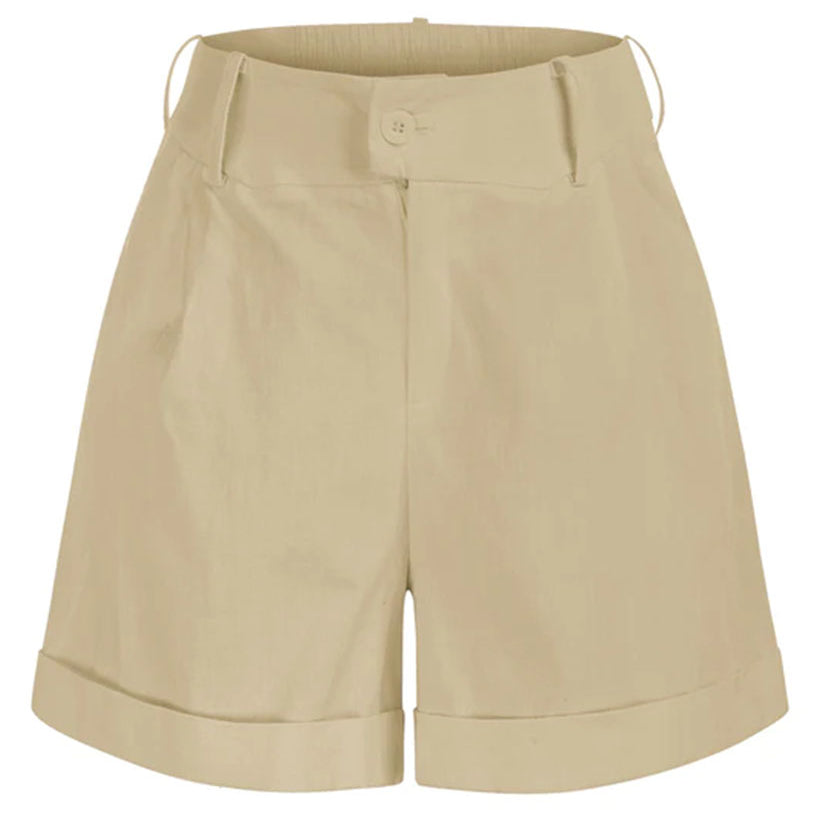 High Waist Fold-up Leg Opening Cotton Shorts with Pockets