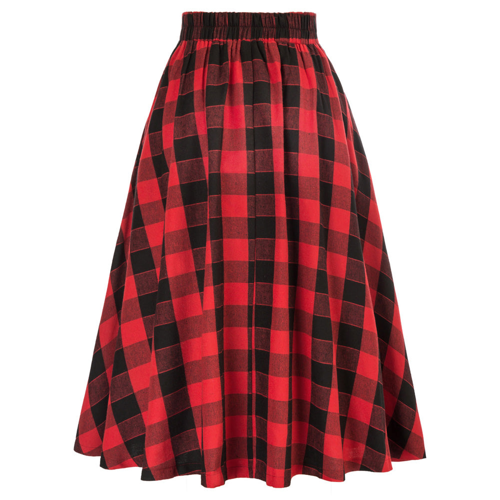 Elastic Waist Plaided Skirt High Waist Buttons Decorated Flared A-Line Skirt - Belle Poque Offcial