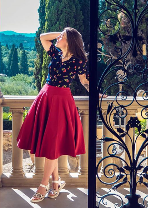 belle poque Cherries Pattern Short Puff Sleeves V-Neck Button Placket Blouse