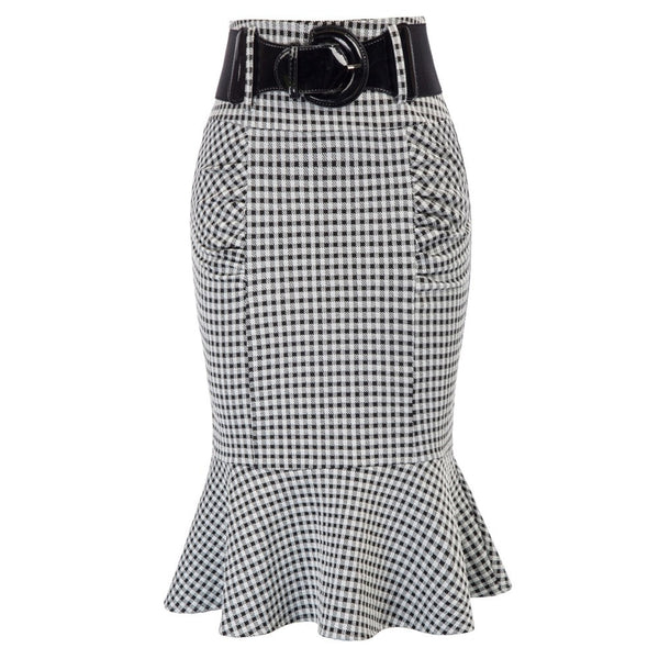 Houndstooth mermaid Hem Shirred Detail Pencil Skirt with Belt