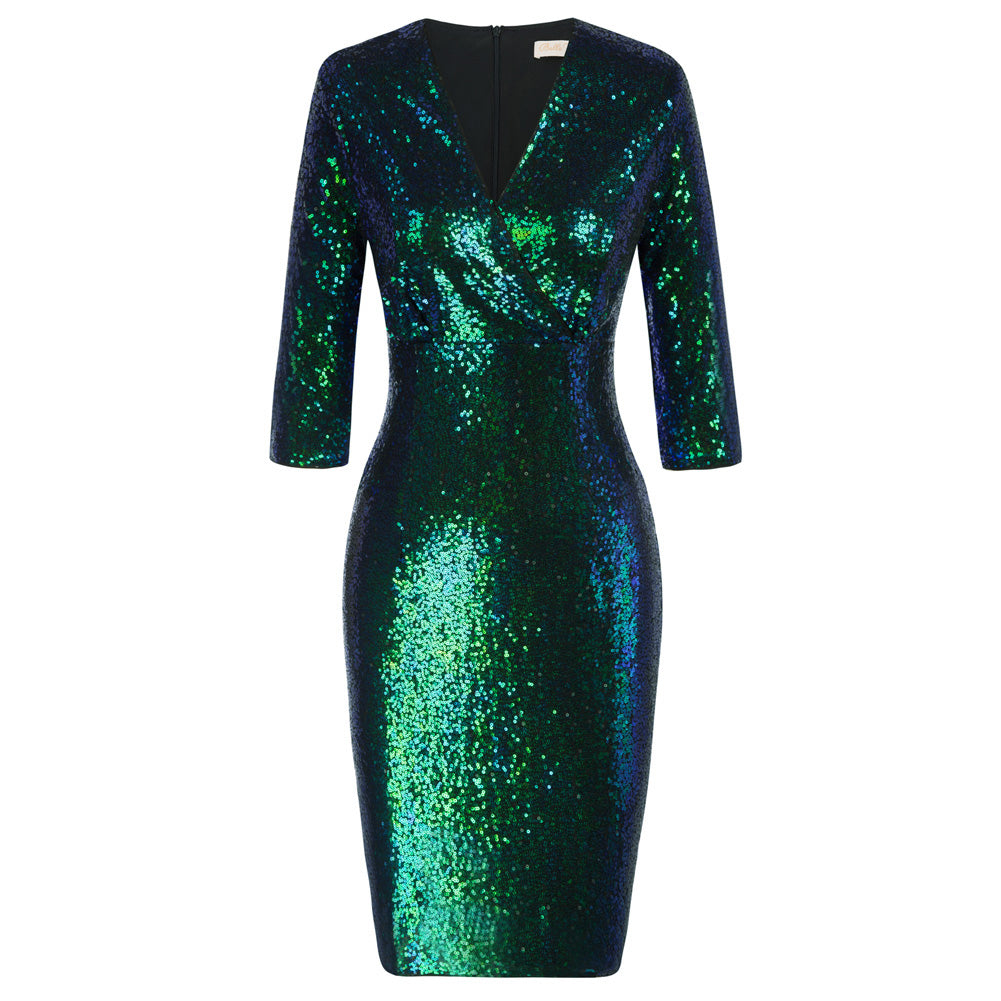 Women's Sequins Bodycon Pencil Dress 3/4 Sleeve V-Neck Hips