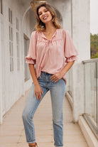 Pleated Loose Fit Tie-Neck Gathered Tops